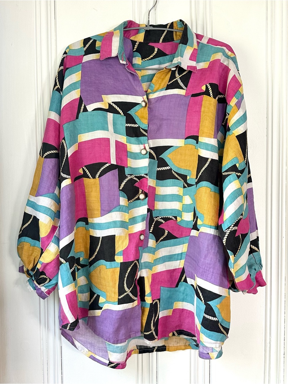 Vintage, Handmade Colorblock Abstract Button-Down Blouse